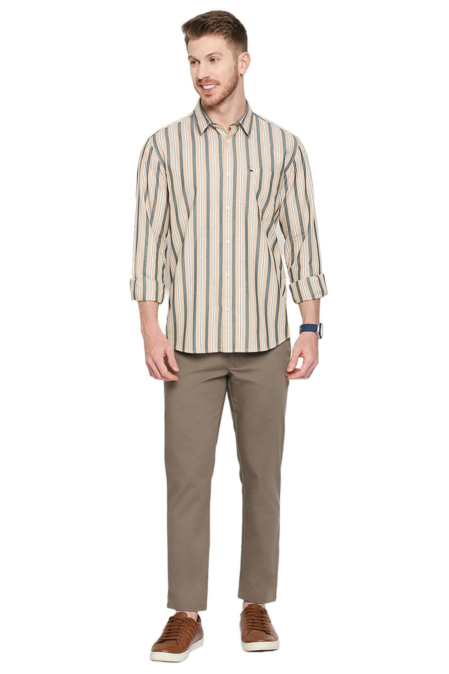 BASICS SLIM FIT HEMP BEIGE COTTON STRIPE SHIRT