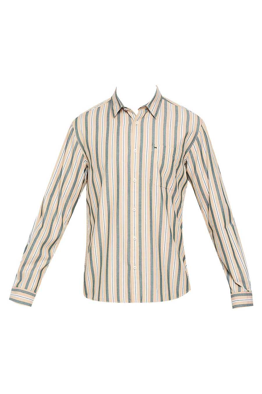 BASICS SLIM FIT HEMP BEIGE COTTON STRIPE SHIRT