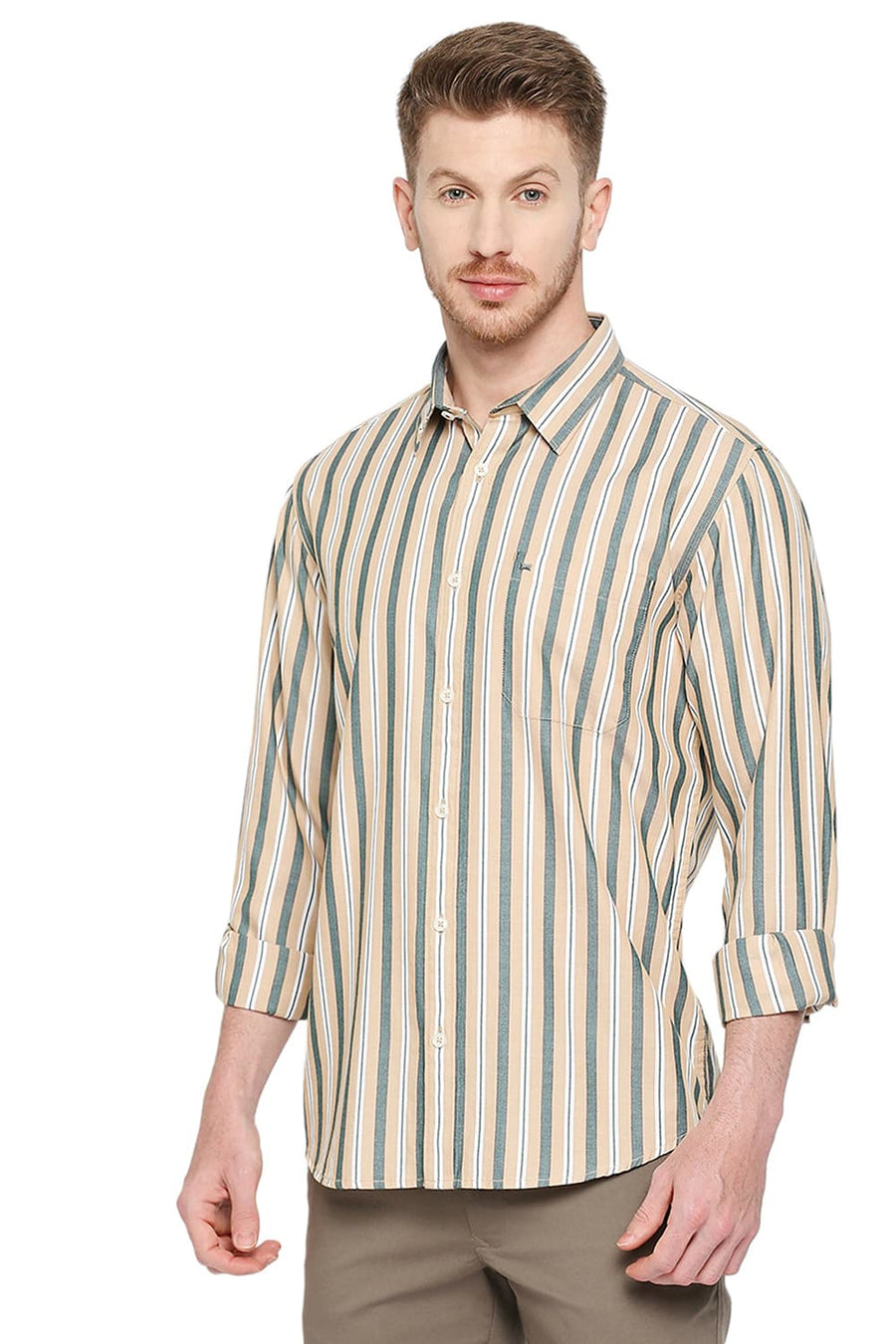 BASICS SLIM FIT HEMP BEIGE COTTON STRIPE SHIRT