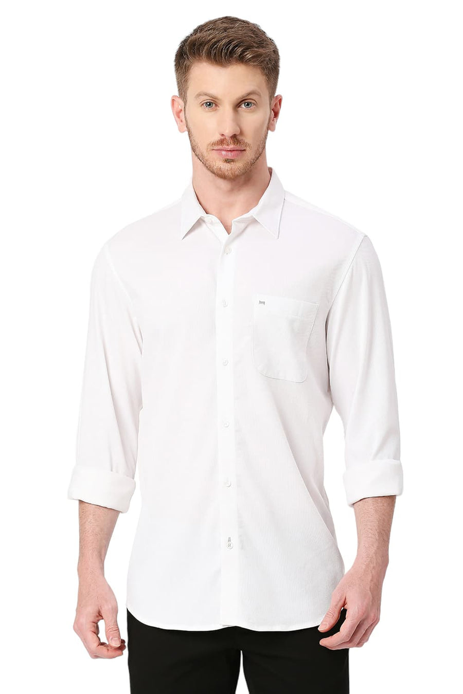 BASICS SLIM FIT BONE WHITE TENCEL POLYESTER STRETCH DOBBY SHIRT