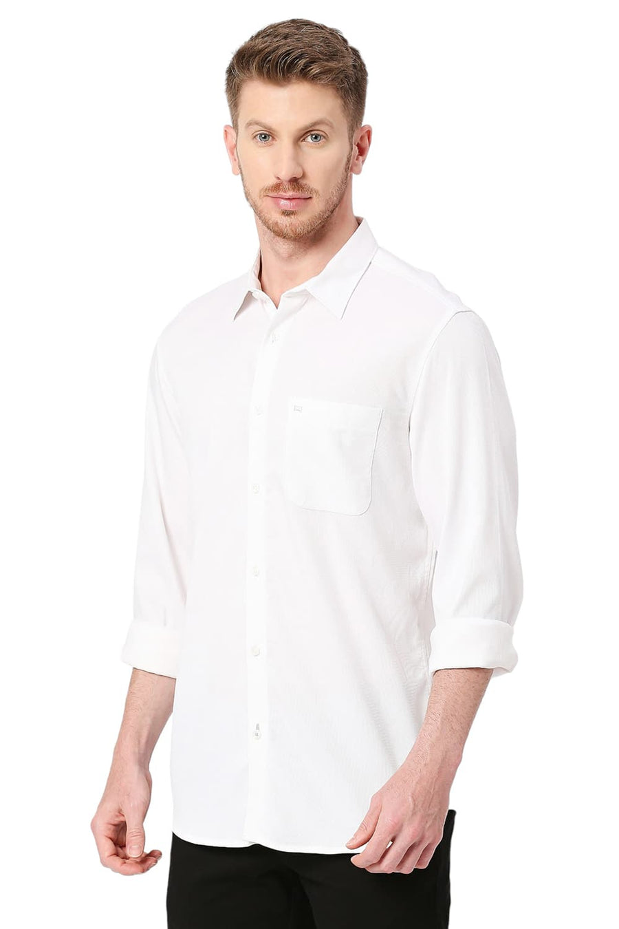 BASICS SLIM FIT BONE WHITE TENCEL POLYESTER STRETCH DOBBY SHIRT