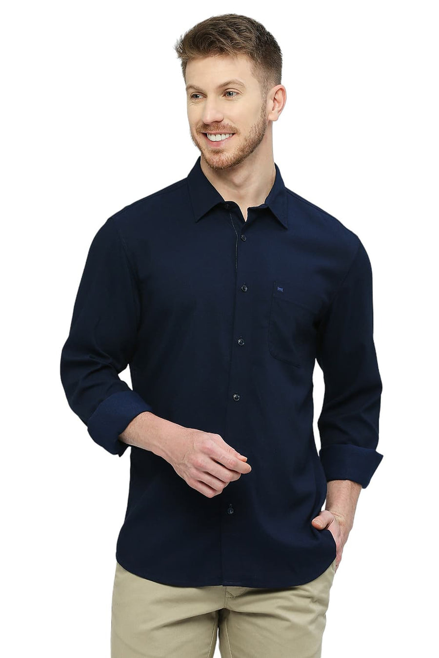 BASICS SLIM FIT OUTER SPACE NAVY TENCEL POLYESTER STRETCH DOBBY SHIRT