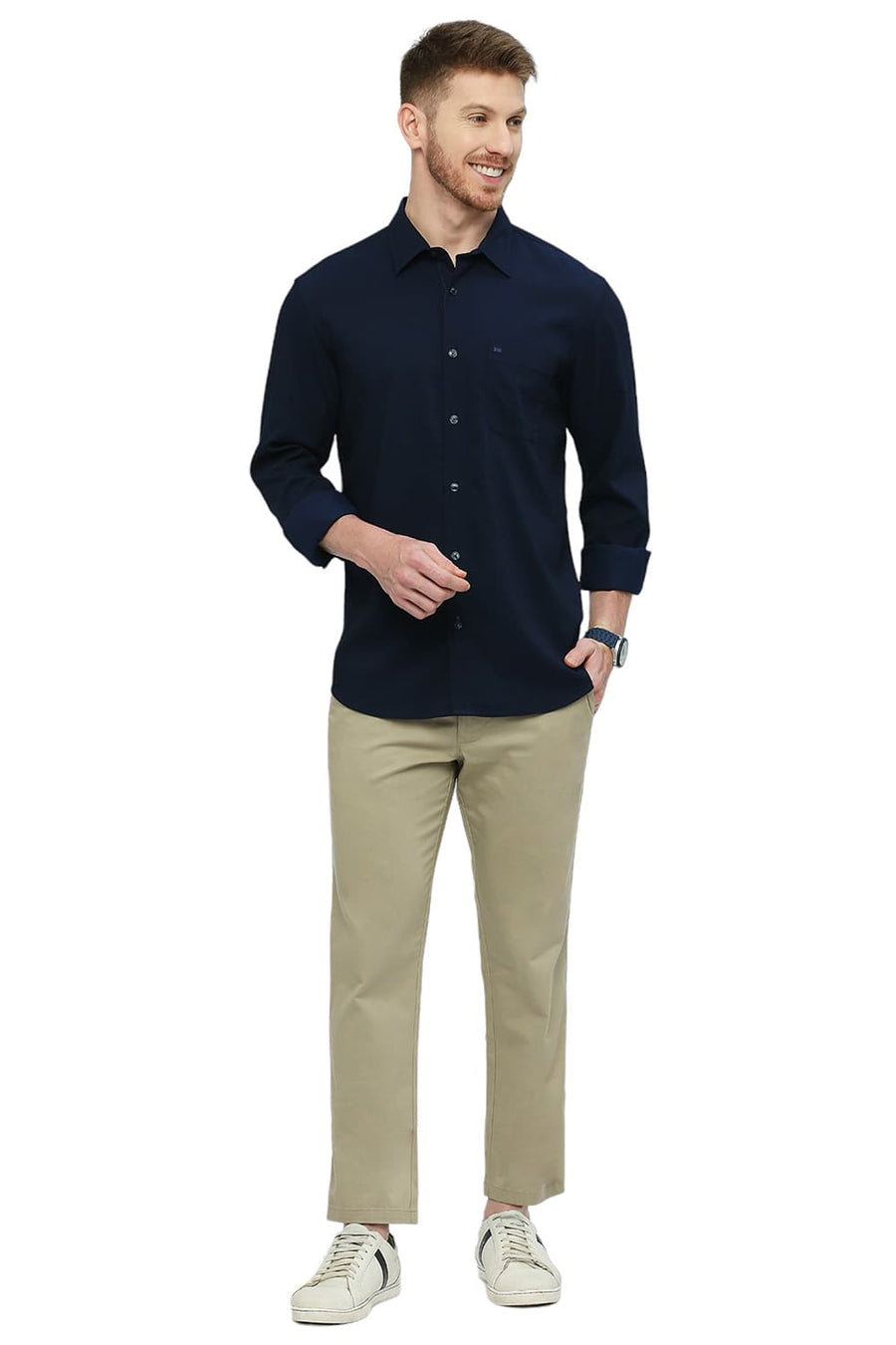 BASICS SLIM FIT OUTER SPACE NAVY TENCEL POLYESTER STRETCH DOBBY SHIRT