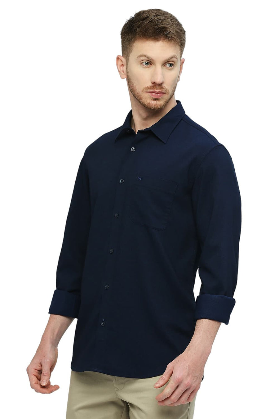 BASICS SLIM FIT OUTER SPACE NAVY TENCEL POLYESTER STRETCH DOBBY SHIRT