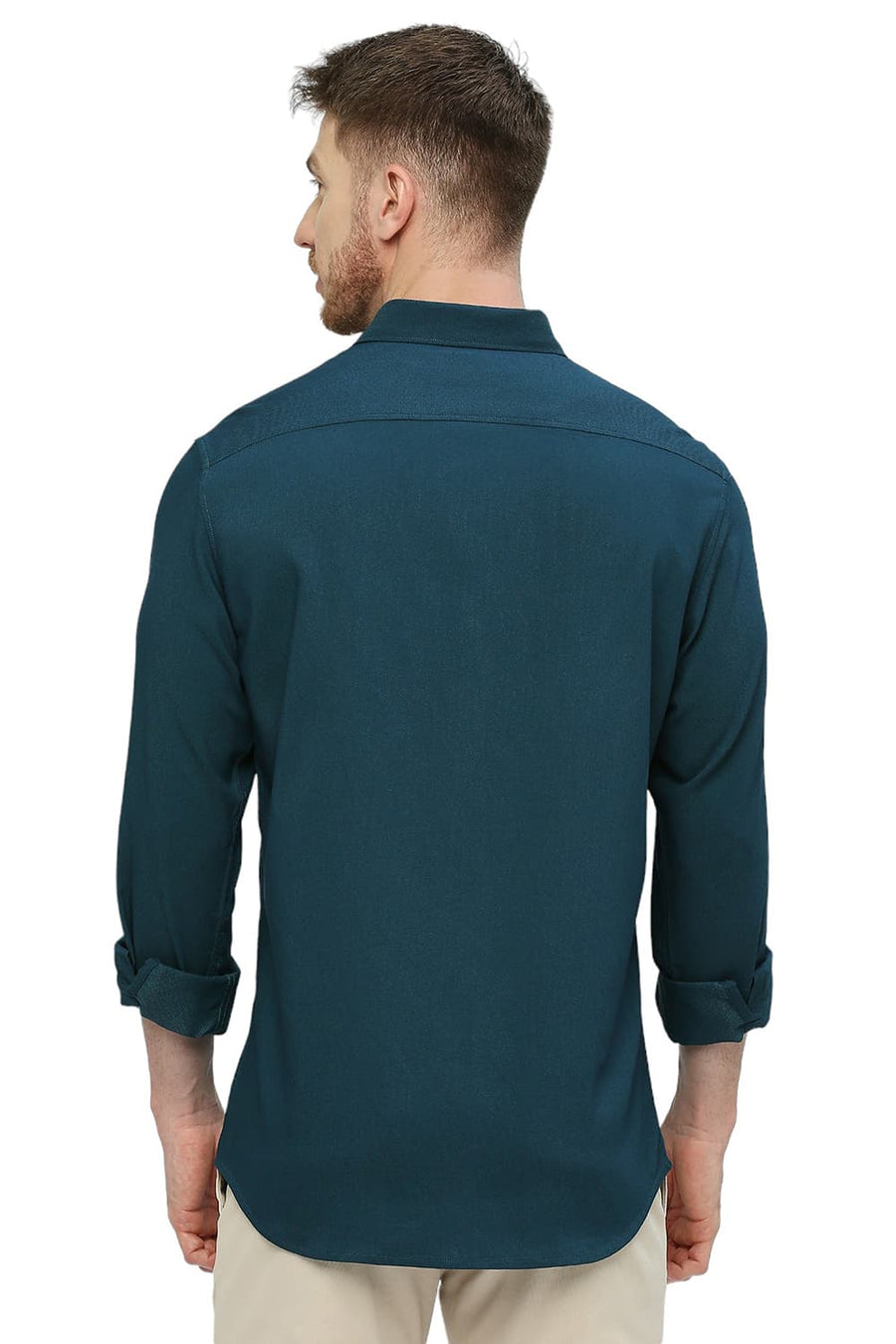 BASICS SLIM FIT NORTH SEA GREEN TENCEL POLYESTER STRETCH DOBBY SHIRT