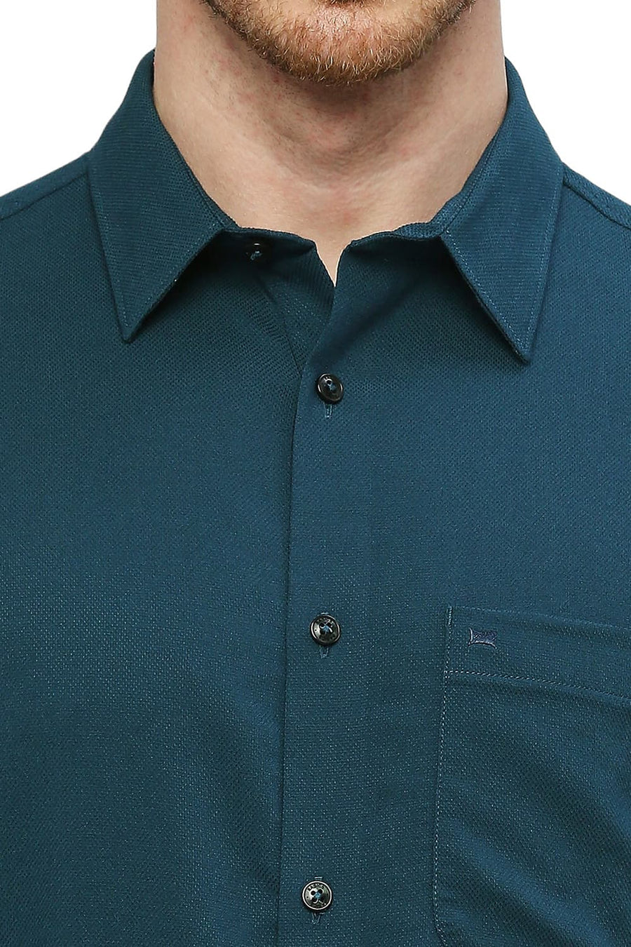 BASICS SLIM FIT NORTH SEA GREEN TENCEL POLYESTER STRETCH DOBBY SHIRT