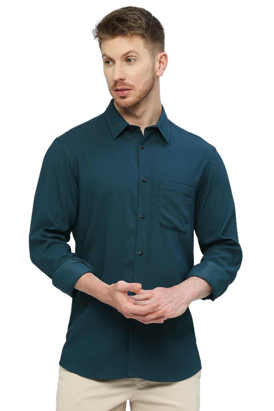 BASICS SLIM FIT NORTH SEA GREEN TENCEL POLYESTER STRETCH DOBBY SHIRT