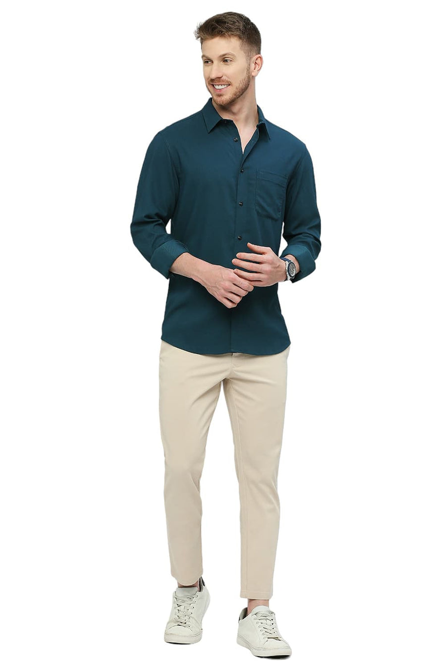 BASICS SLIM FIT NORTH SEA GREEN TENCEL POLYESTER STRETCH DOBBY SHIRT