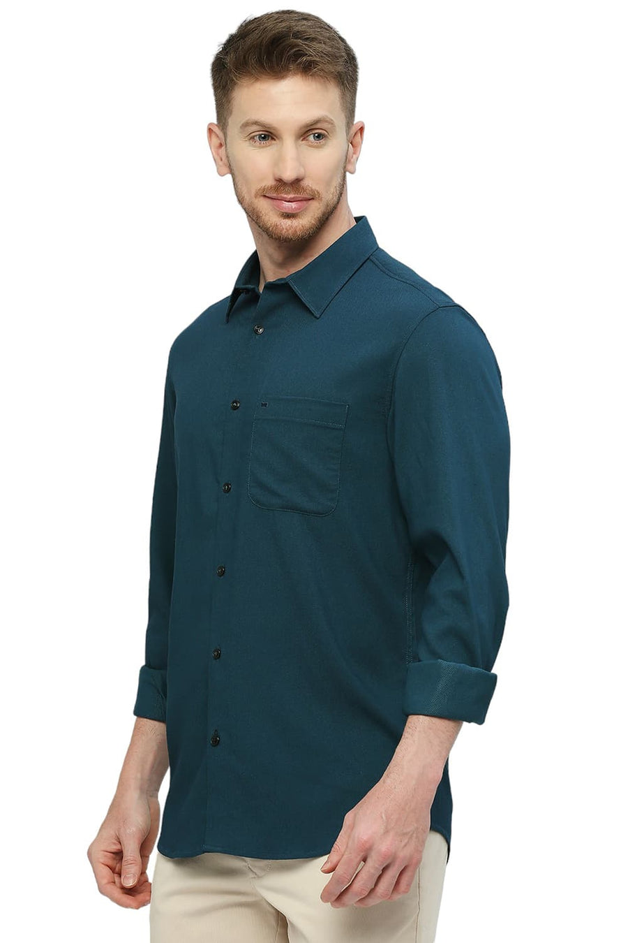 BASICS SLIM FIT NORTH SEA GREEN TENCEL POLYESTER STRETCH DOBBY SHIRT
