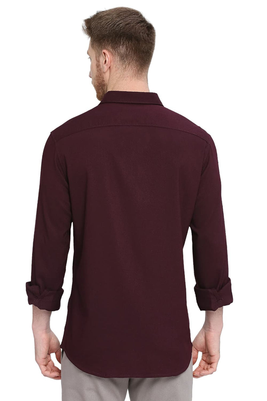BASICS SLIM FIT RUSSET MAROON TENCEL POLYESTER STRETCH DOBBY SHIRT