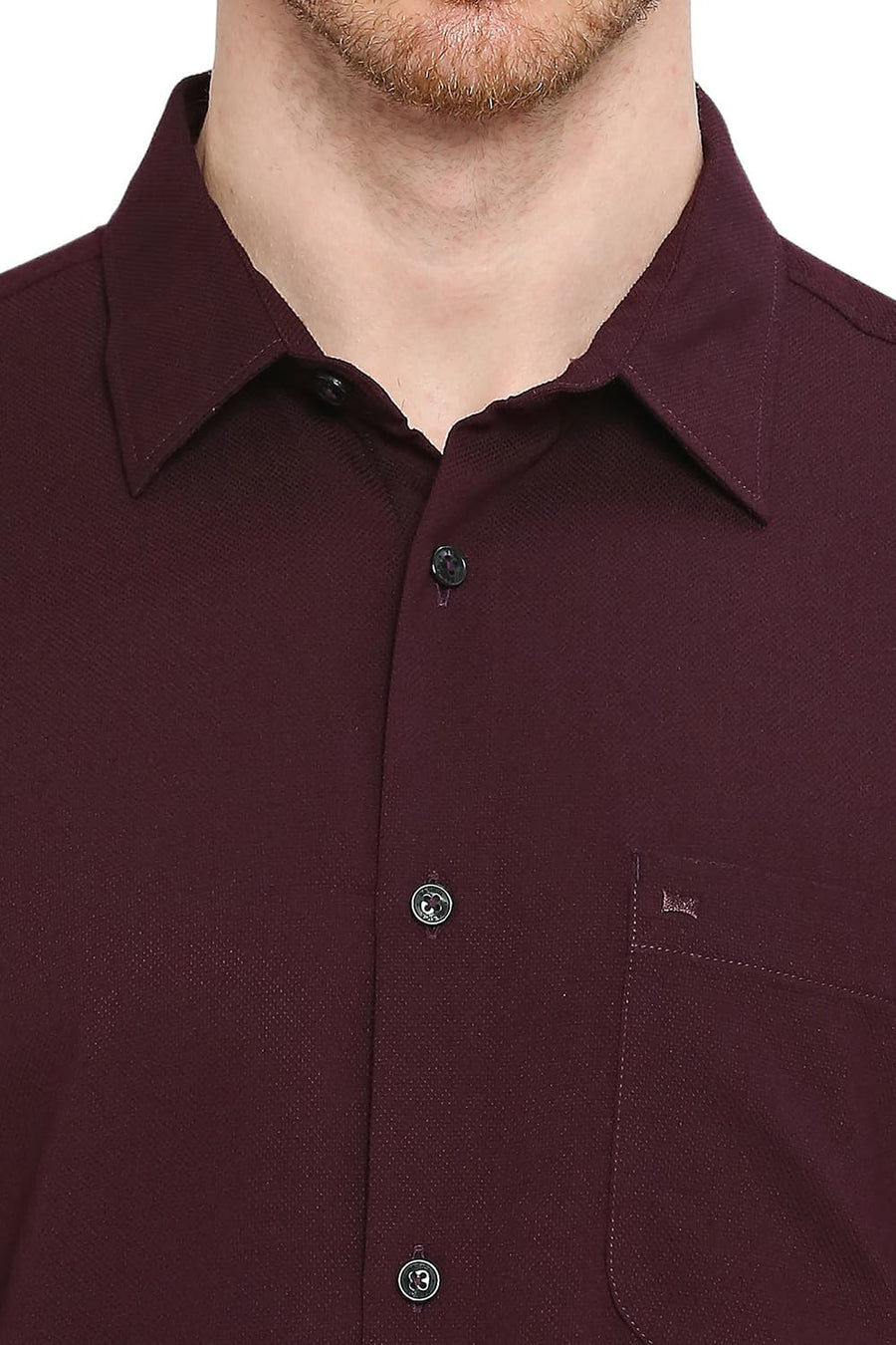 BASICS SLIM FIT RUSSET MAROON TENCEL POLYESTER STRETCH DOBBY SHIRT
