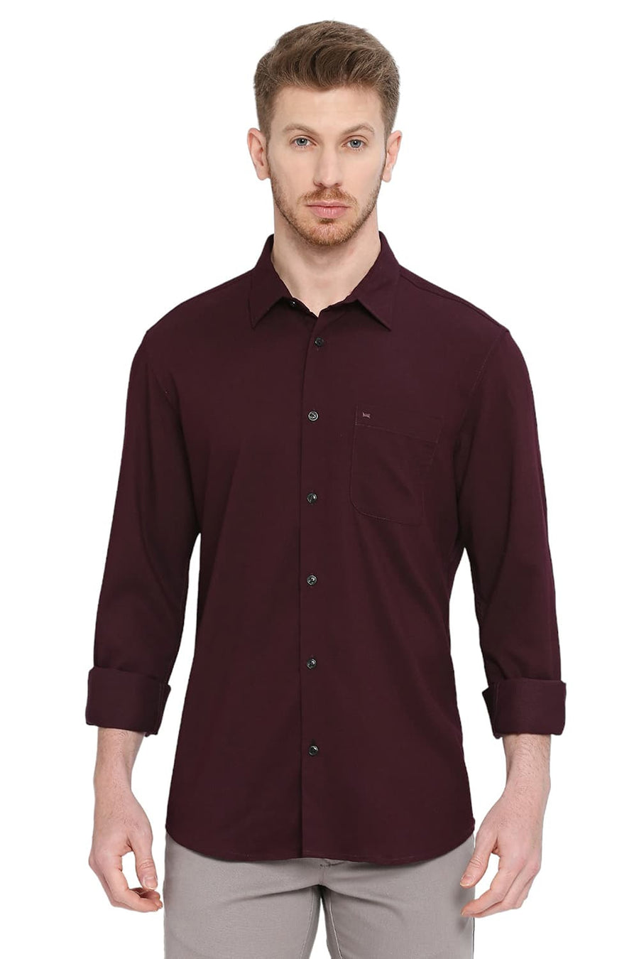 BASICS SLIM FIT RUSSET MAROON TENCEL POLYESTER STRETCH DOBBY SHIRT