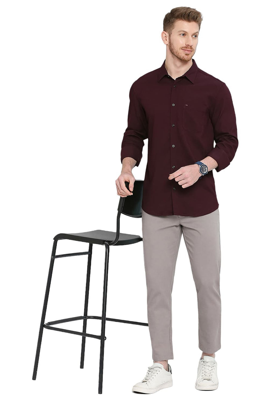 BASICS SLIM FIT RUSSET MAROON TENCEL POLYESTER STRETCH DOBBY SHIRT