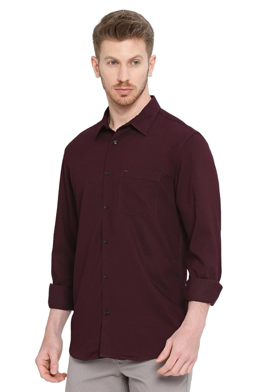 BASICS SLIM FIT RUSSET MAROON TENCEL POLYESTER STRETCH DOBBY SHIRT