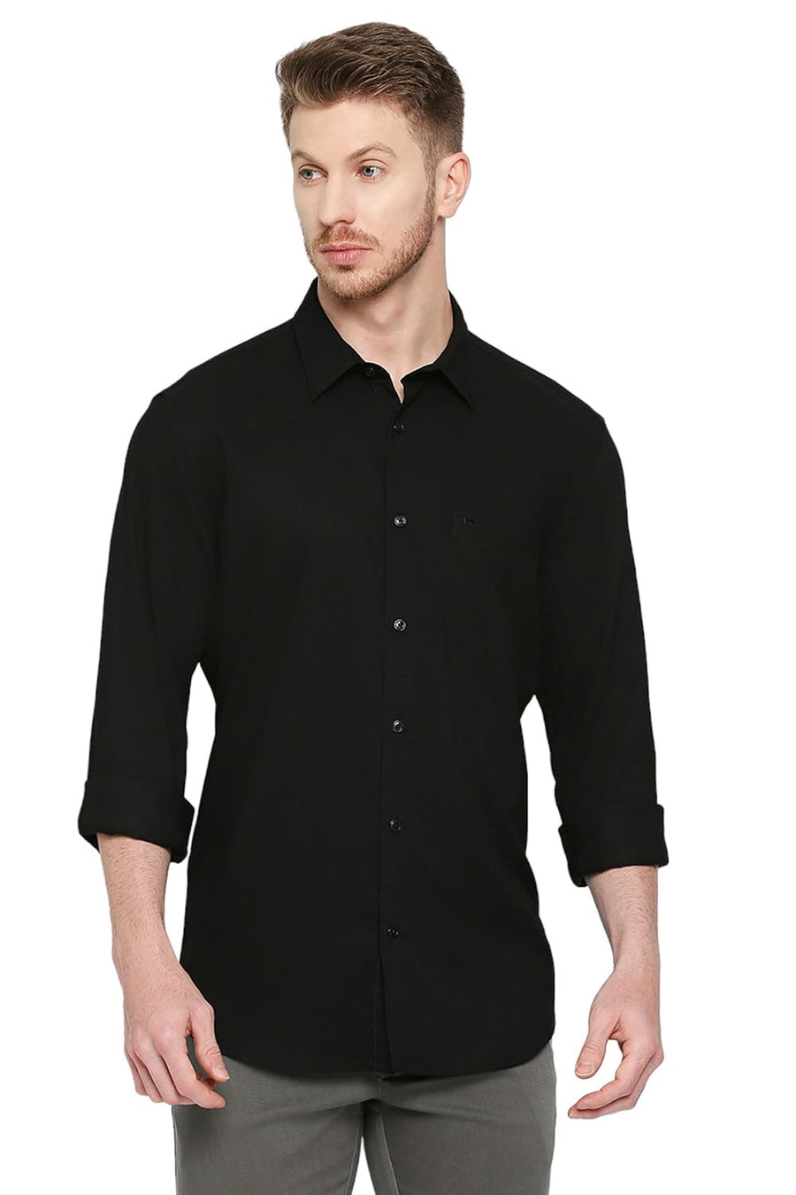 BASICS SLIM FIT CARBON BLACK TENCEL POLYESTER STRETCH DOBBY SHIRT