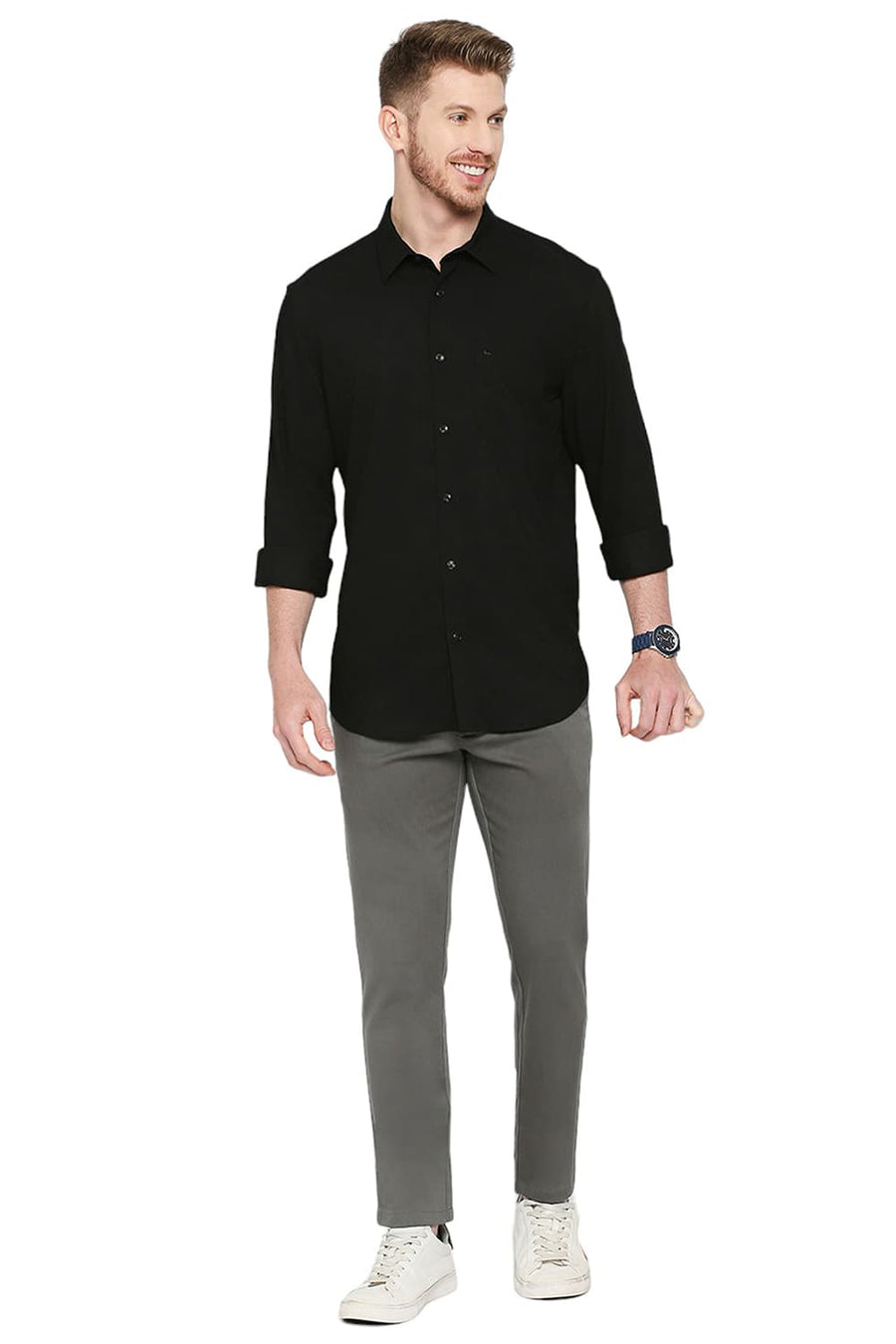 BASICS SLIM FIT CARBON BLACK TENCEL POLYESTER STRETCH DOBBY SHIRT