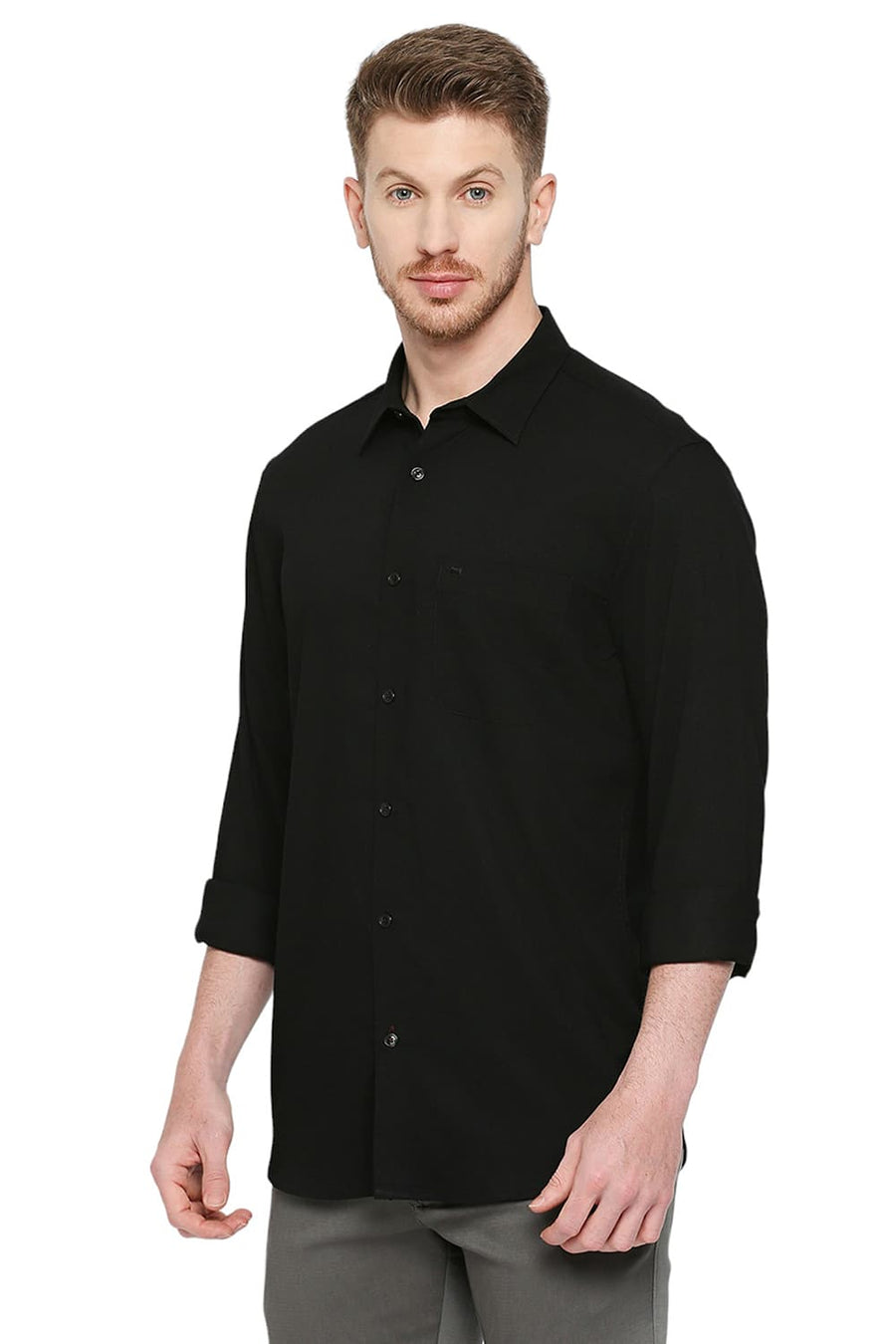 BASICS SLIM FIT CARBON BLACK TENCEL POLYESTER STRETCH DOBBY SHIRT