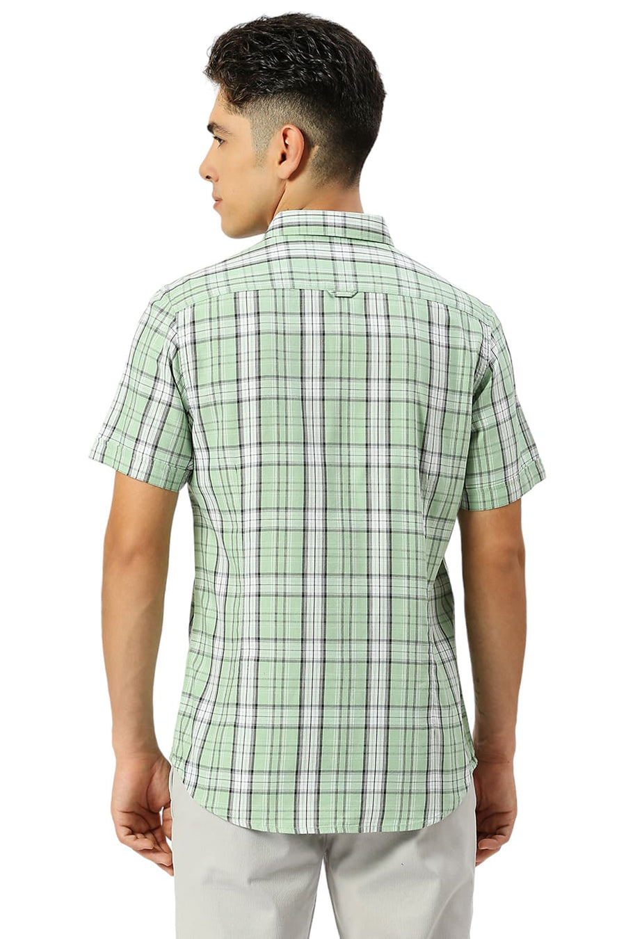 BASICS SLIM FIT SMOKE GREEN COTTON TENCEL CHECKS HALFSLEEVES SHIRT