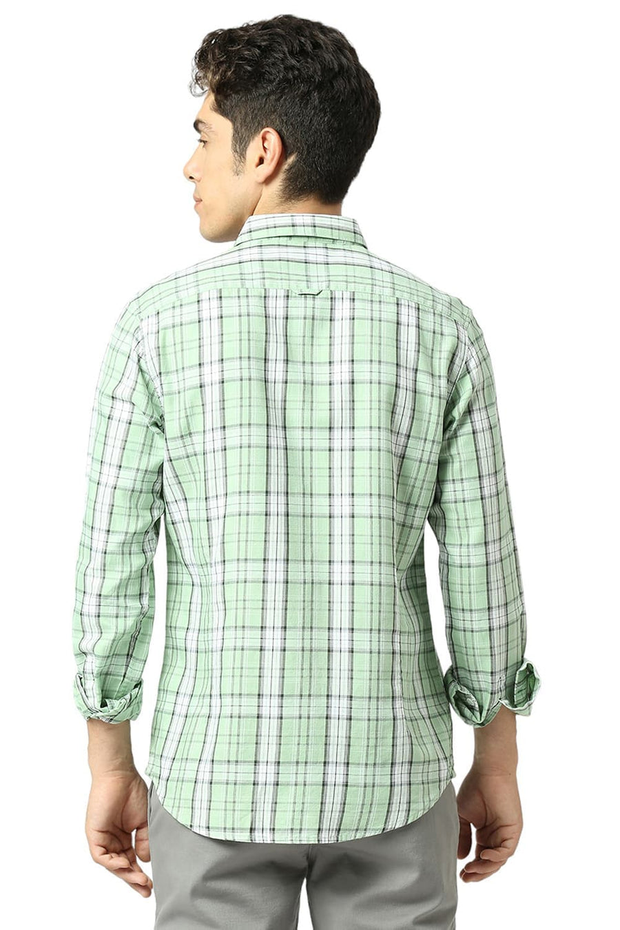 BASICS SLIM FIT SMOKE GREEN COTTON TENCEL CHECKS SHIRT