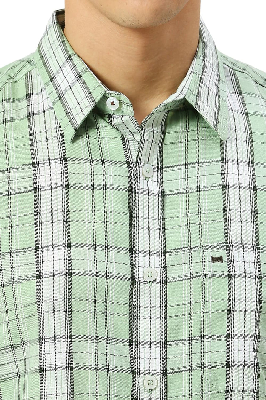 BASICS SLIM FIT SMOKE GREEN COTTON TENCEL CHECKS HALFSLEEVES SHIRT