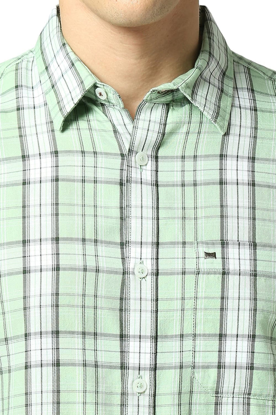 BASICS SLIM FIT SMOKE GREEN COTTON TENCEL CHECKS SHIRT