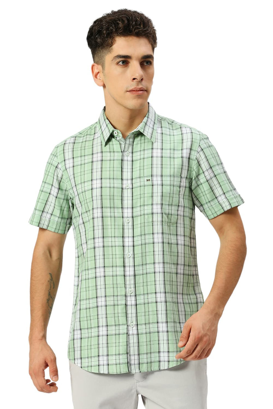 BASICS SLIM FIT SMOKE GREEN COTTON TENCEL CHECKS HALFSLEEVES SHIRT