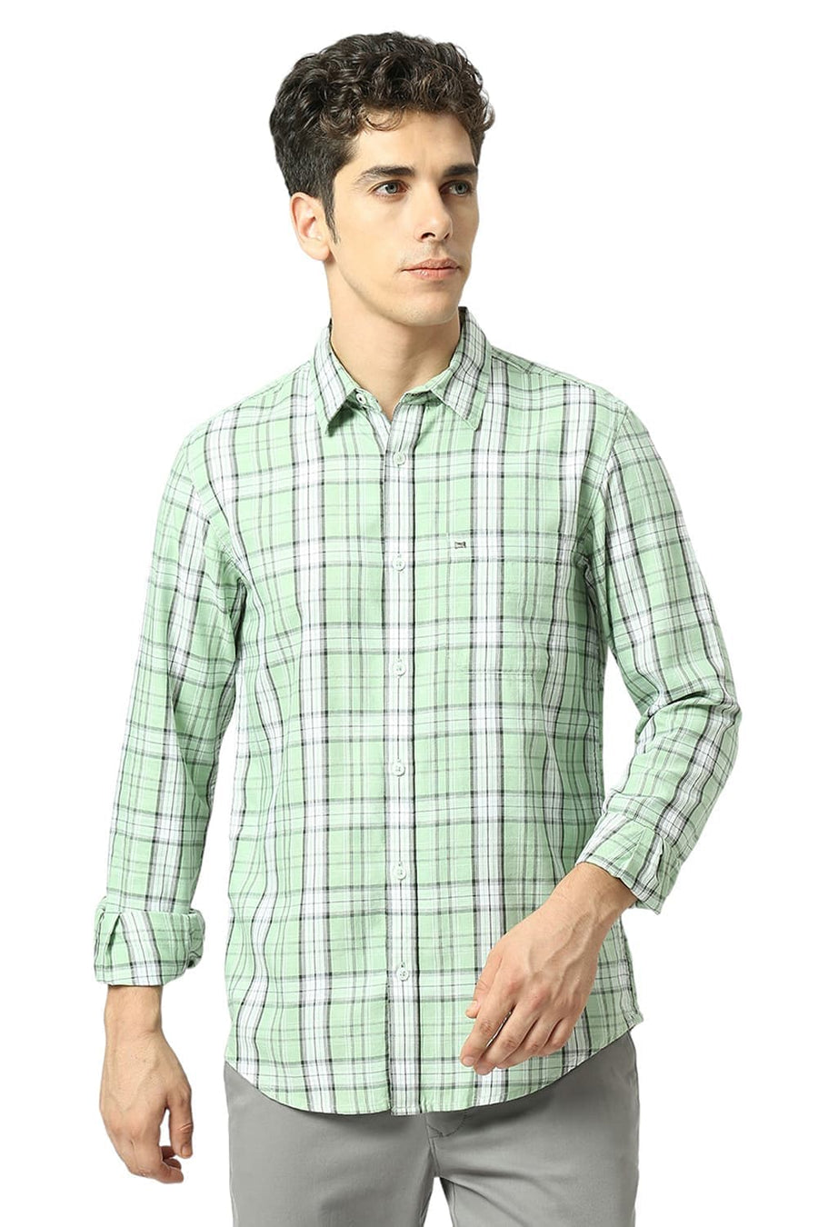 BASICS SLIM FIT SMOKE GREEN COTTON TENCEL CHECKS SHIRT