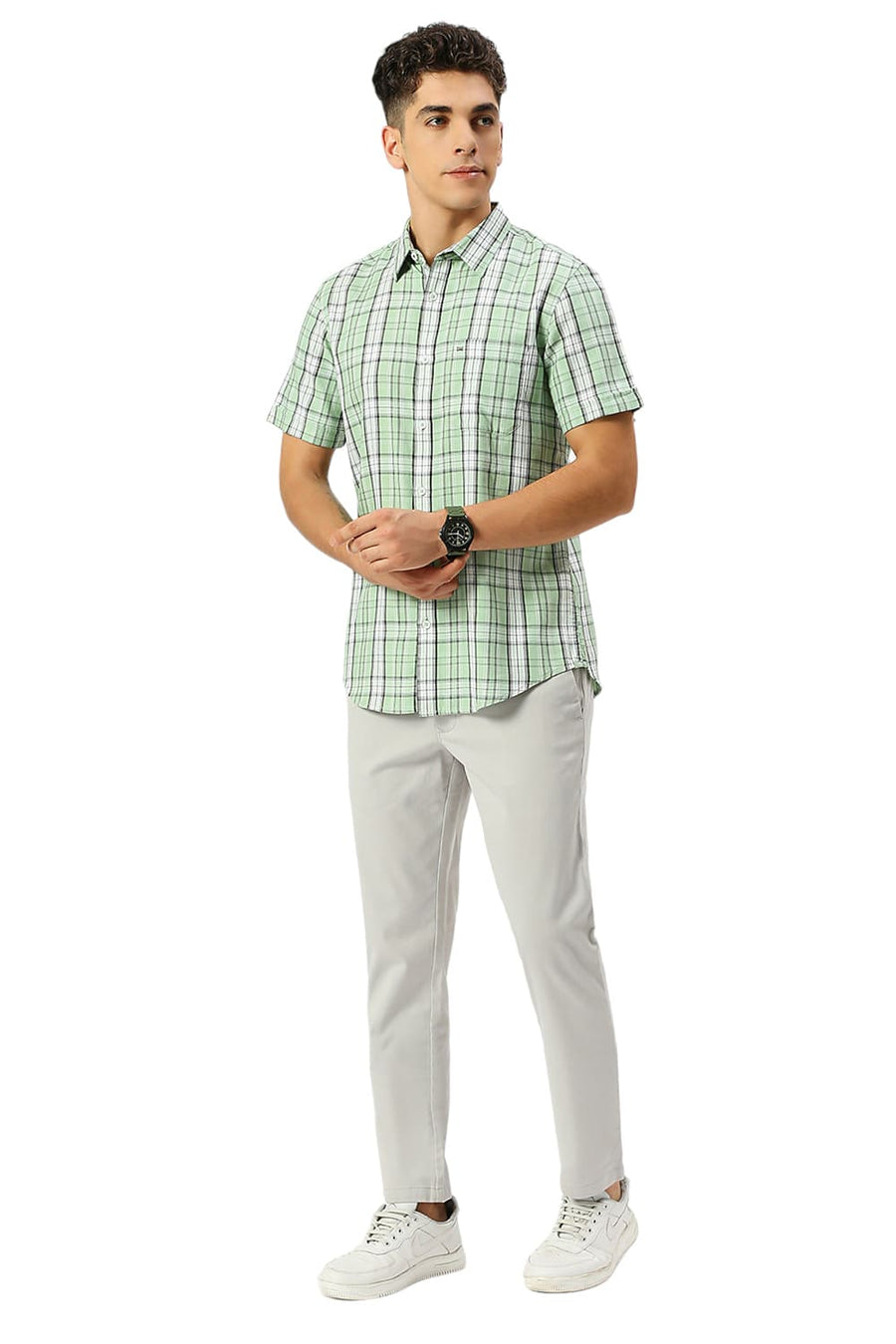 BASICS SLIM FIT SMOKE GREEN COTTON TENCEL CHECKS HALFSLEEVES SHIRT