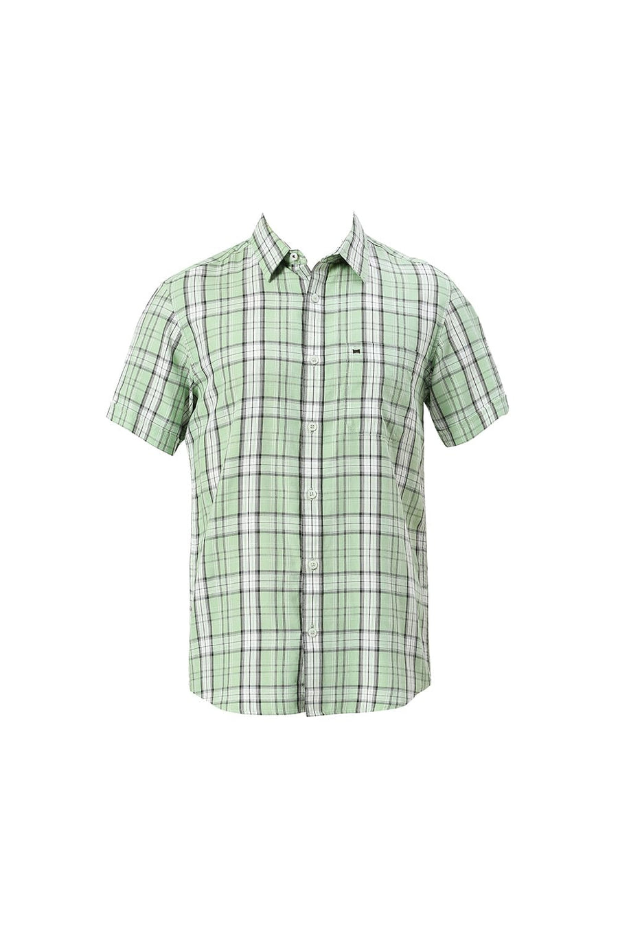 BASICS SLIM FIT SMOKE GREEN COTTON TENCEL CHECKS HALFSLEEVES SHIRT