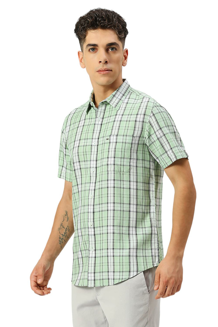 BASICS SLIM FIT SMOKE GREEN COTTON TENCEL CHECKS HALFSLEEVES SHIRT