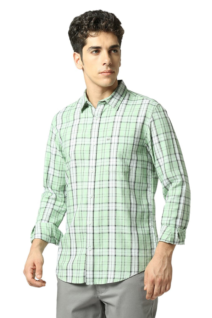 BASICS SLIM FIT SMOKE GREEN COTTON TENCEL CHECKS SHIRT