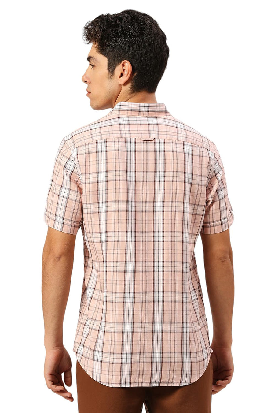 BASICS SLIM FIT NECTAR PEACH COTTON TENCEL CHECKS HALFSLEEVES SHIRT