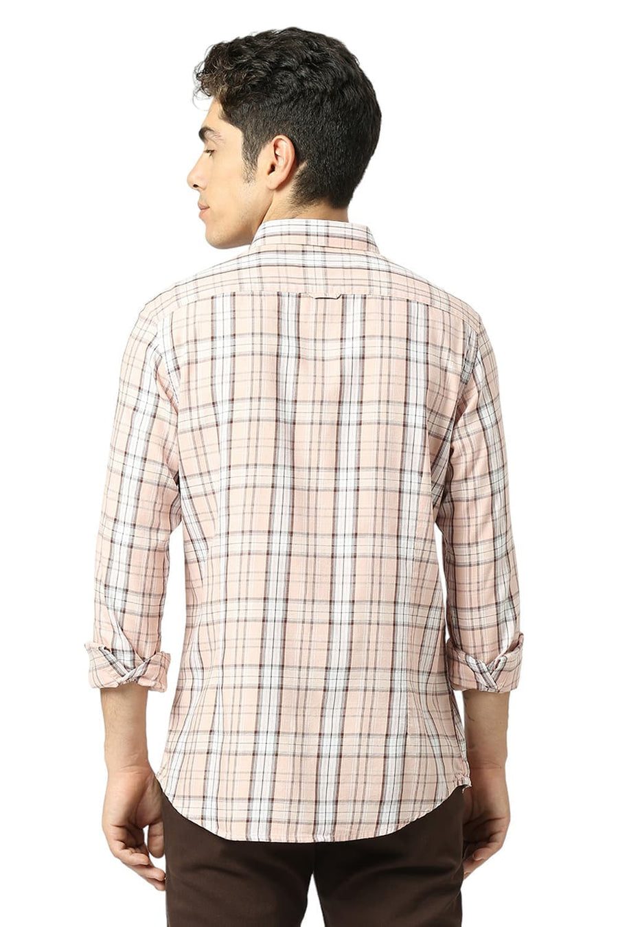 BASICS SLIM FIT NECTAR PEACH COTTON TENCEL CHECKS SHIRT