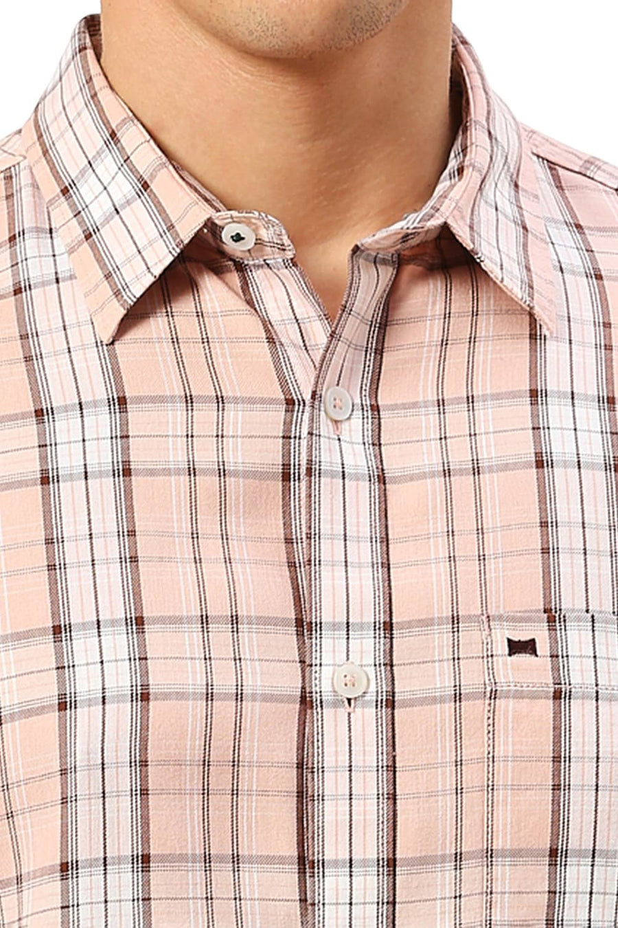 BASICS SLIM FIT NECTAR PEACH COTTON TENCEL CHECKS HALFSLEEVES SHIRT