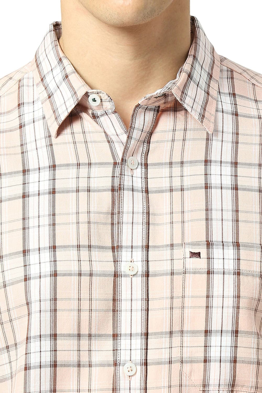 BASICS SLIM FIT NECTAR PEACH COTTON TENCEL CHECKS SHIRT