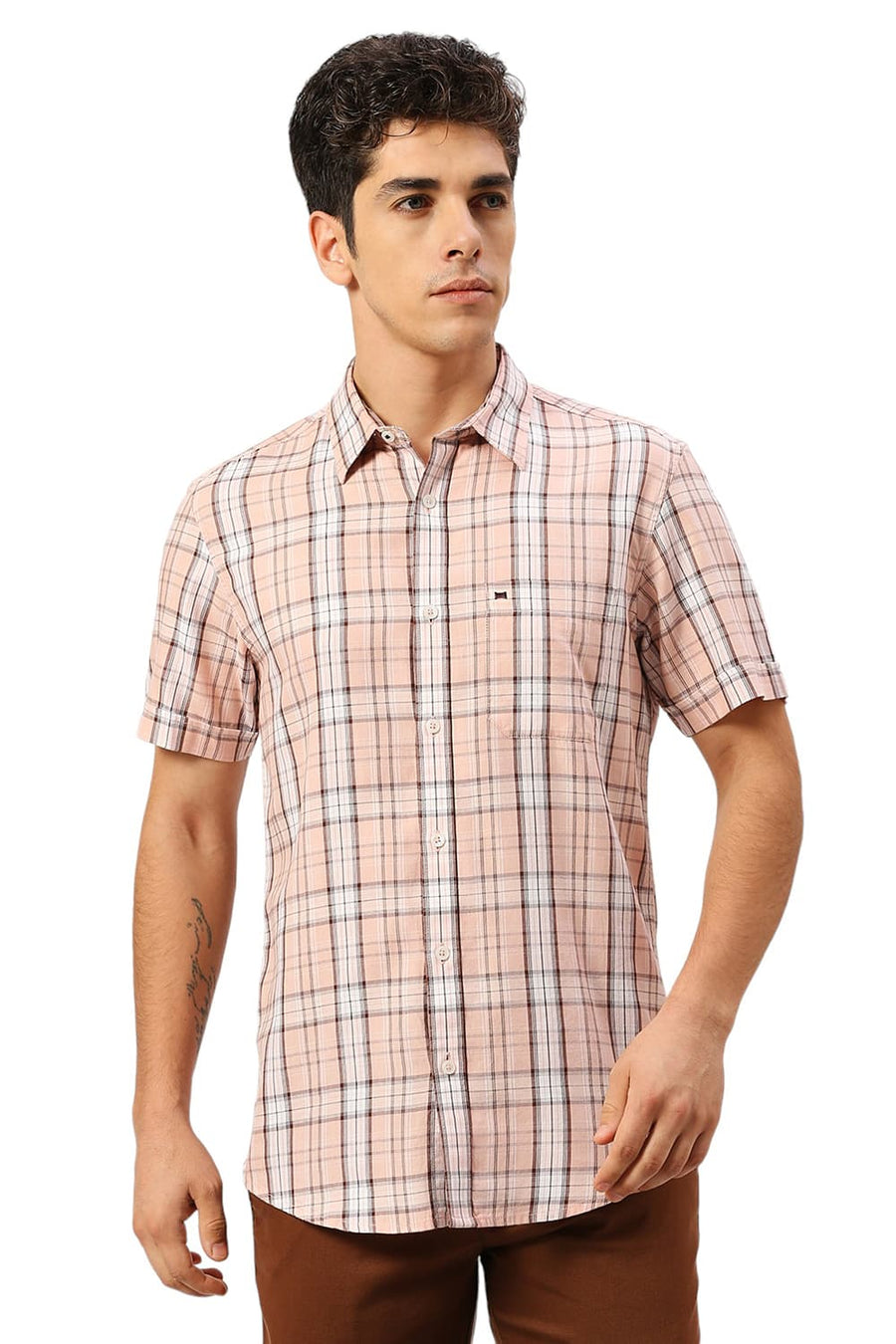 BASICS SLIM FIT NECTAR PEACH COTTON TENCEL CHECKS HALFSLEEVES SHIRT