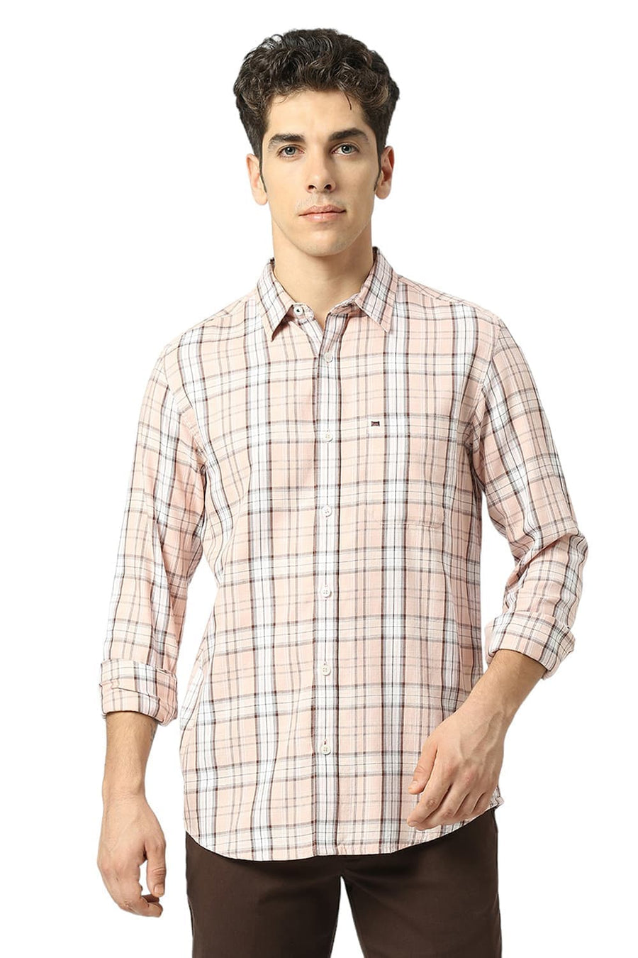 BASICS SLIM FIT NECTAR PEACH COTTON TENCEL CHECKS SHIRT