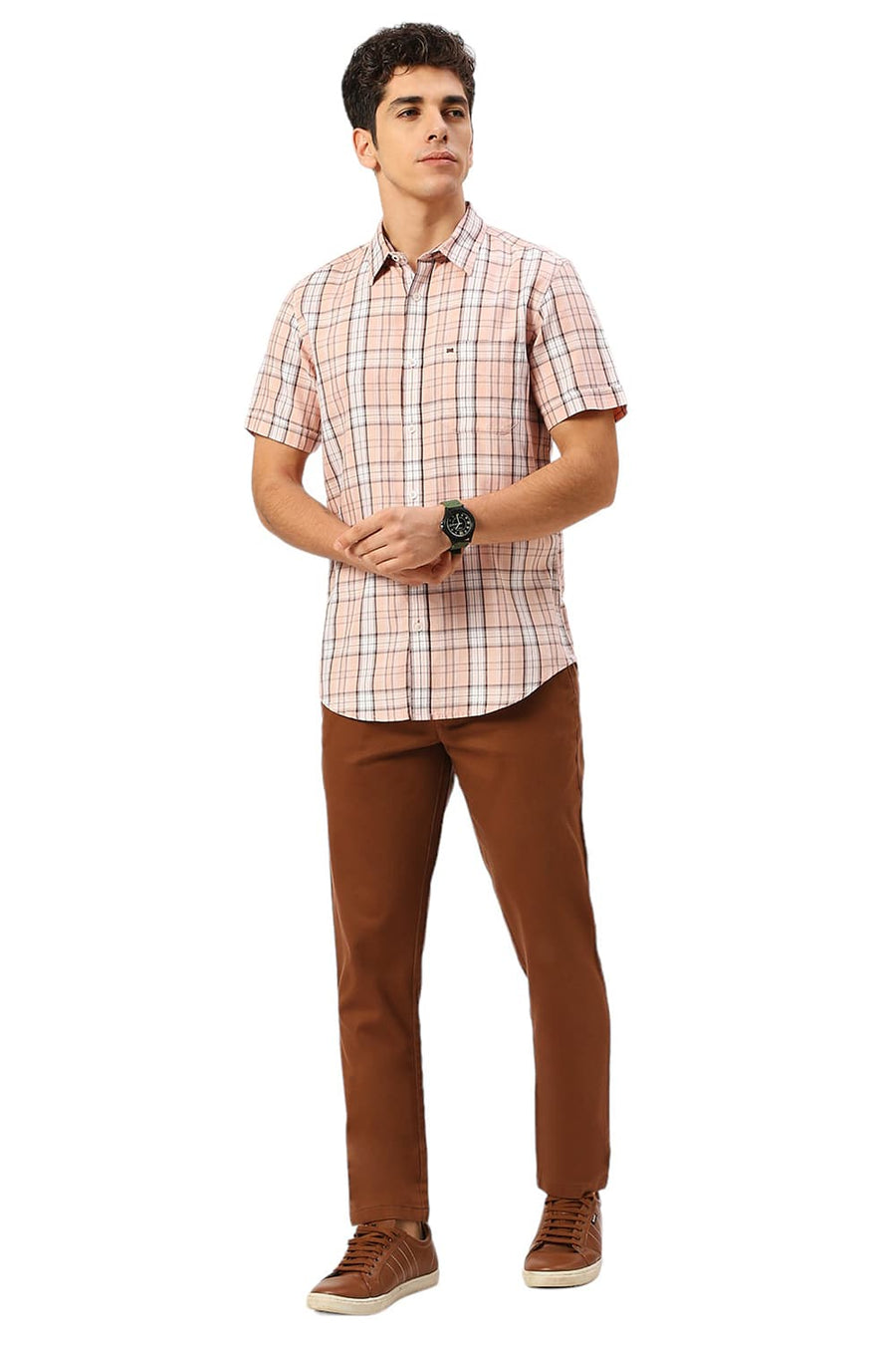 BASICS SLIM FIT NECTAR PEACH COTTON TENCEL CHECKS HALFSLEEVES SHIRT