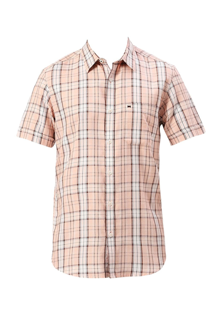 BASICS SLIM FIT NECTAR PEACH COTTON TENCEL CHECKS HALFSLEEVES SHIRT