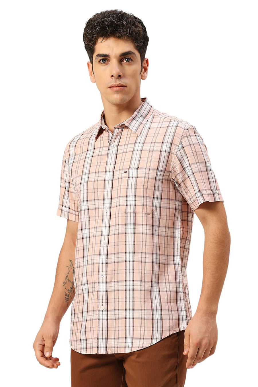 BASICS SLIM FIT NECTAR PEACH COTTON TENCEL CHECKS HALFSLEEVES SHIRT