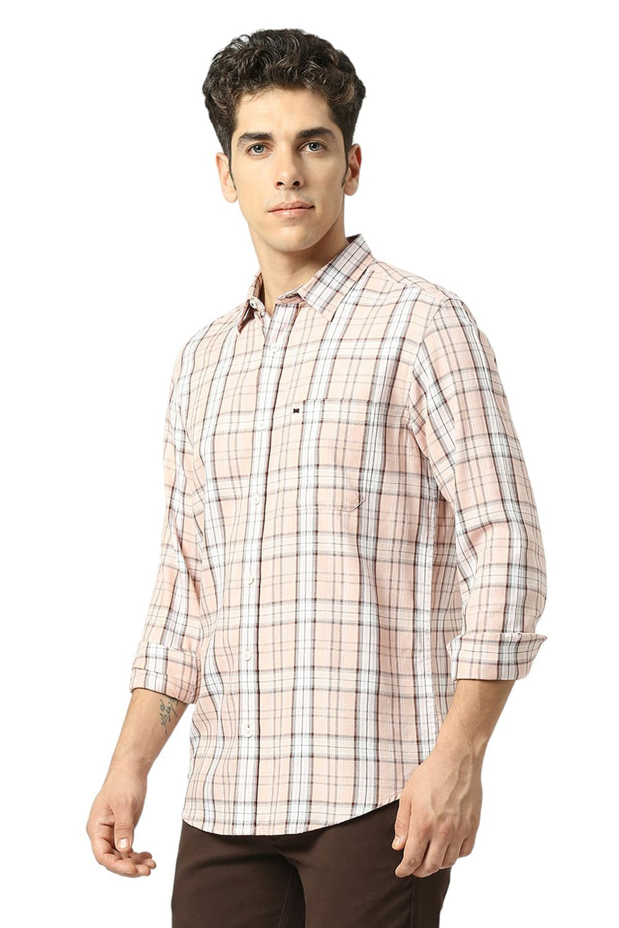 BASICS SLIM FIT NECTAR PEACH COTTON TENCEL CHECKS SHIRT