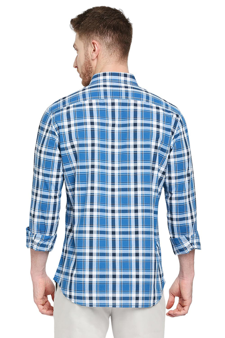 BASICS SLIM FIT DEEP WATER BLUE COTTON CHECKS SHIRT
