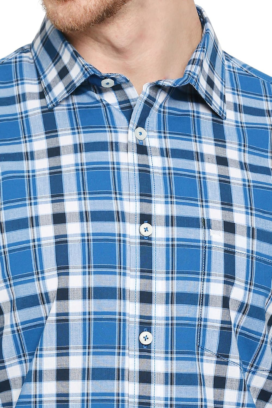 BASICS SLIM FIT DEEP WATER BLUE COTTON CHECKS SHIRT