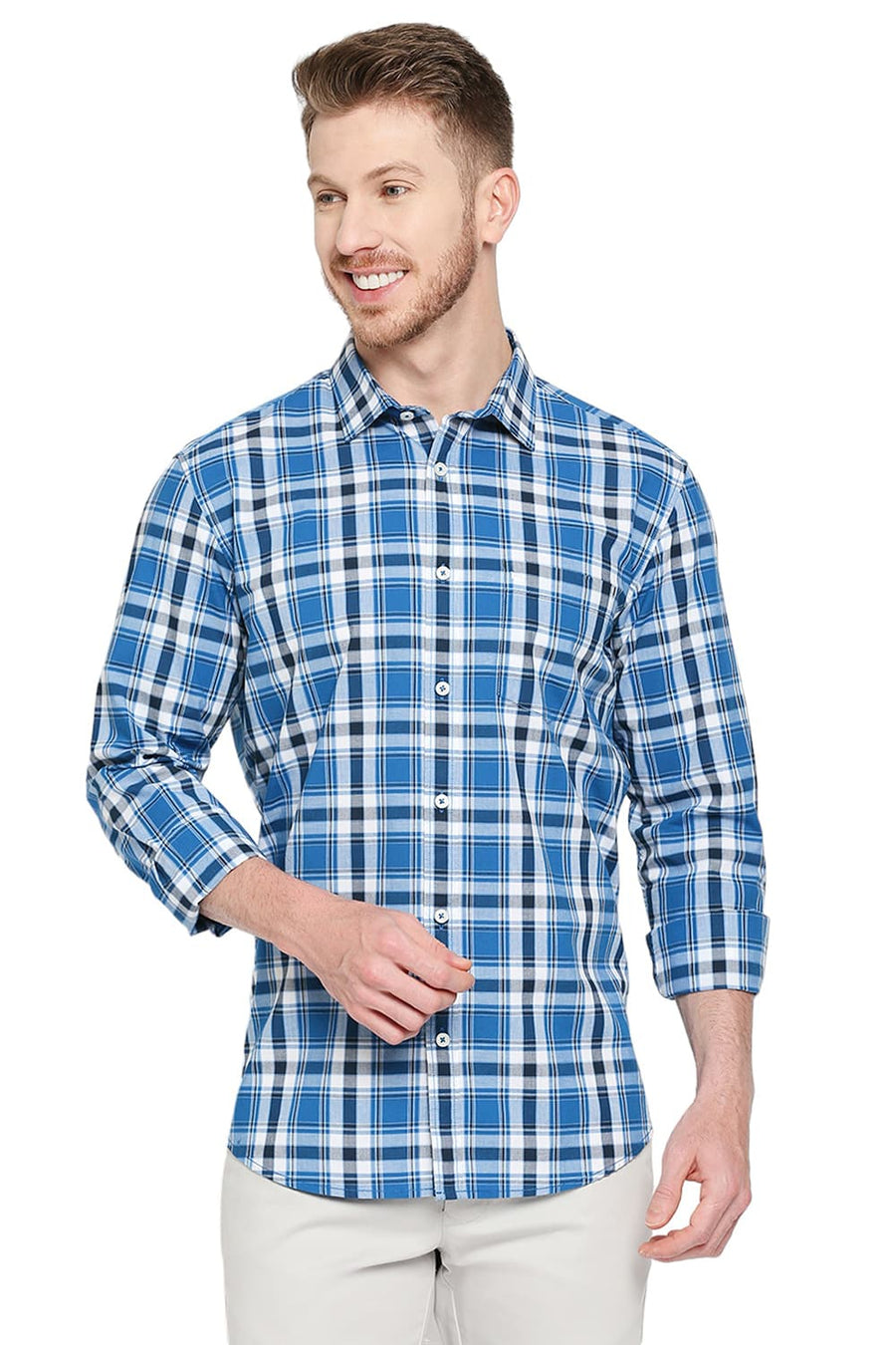BASICS SLIM FIT DEEP WATER BLUE COTTON CHECKS SHIRT
