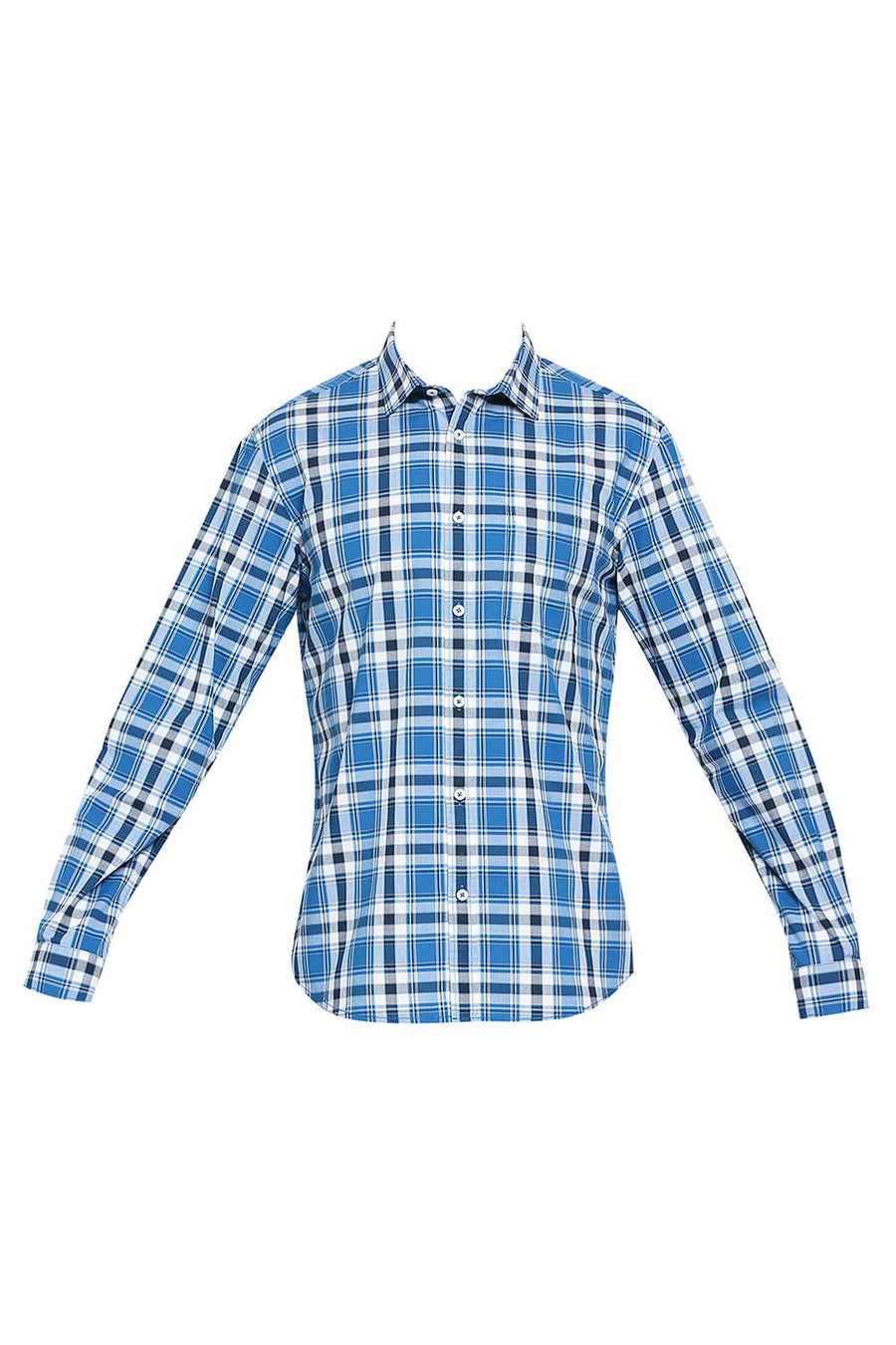BASICS SLIM FIT DEEP WATER BLUE COTTON CHECKS SHIRT