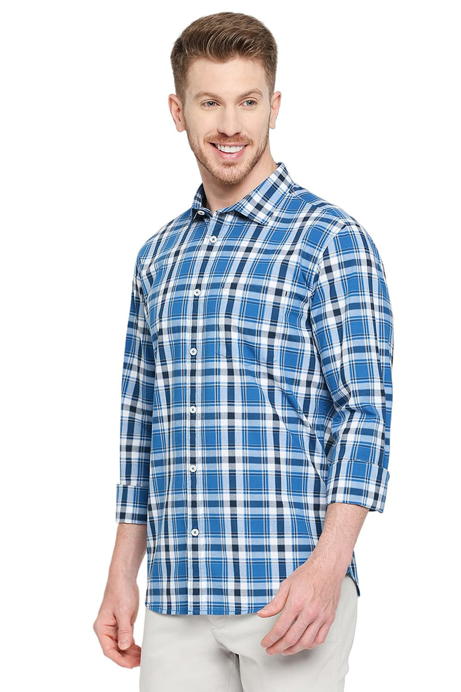 BASICS SLIM FIT DEEP WATER BLUE COTTON CHECKS SHIRT