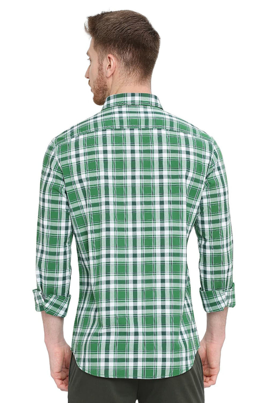 BASICS SLIM FIT GOLF GREEN COTTON CHECKS SHIRT