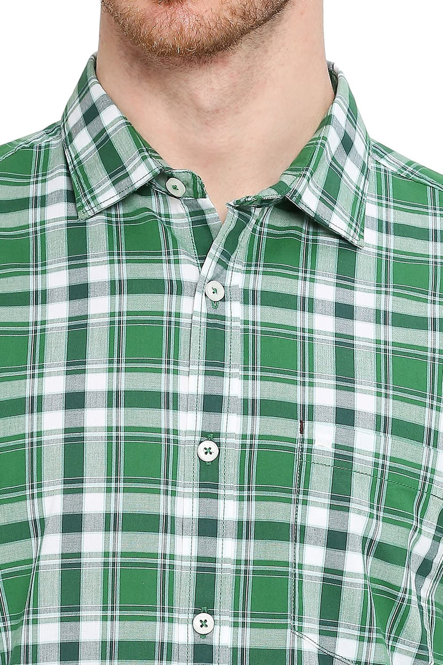 BASICS SLIM FIT GOLF GREEN COTTON CHECKS SHIRT