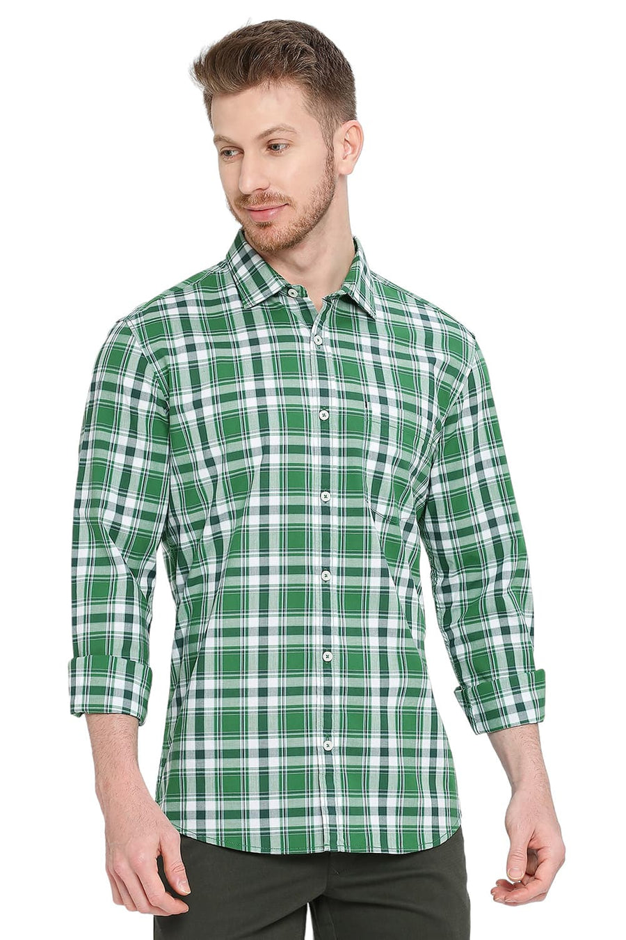 BASICS SLIM FIT GOLF GREEN COTTON CHECKS SHIRT