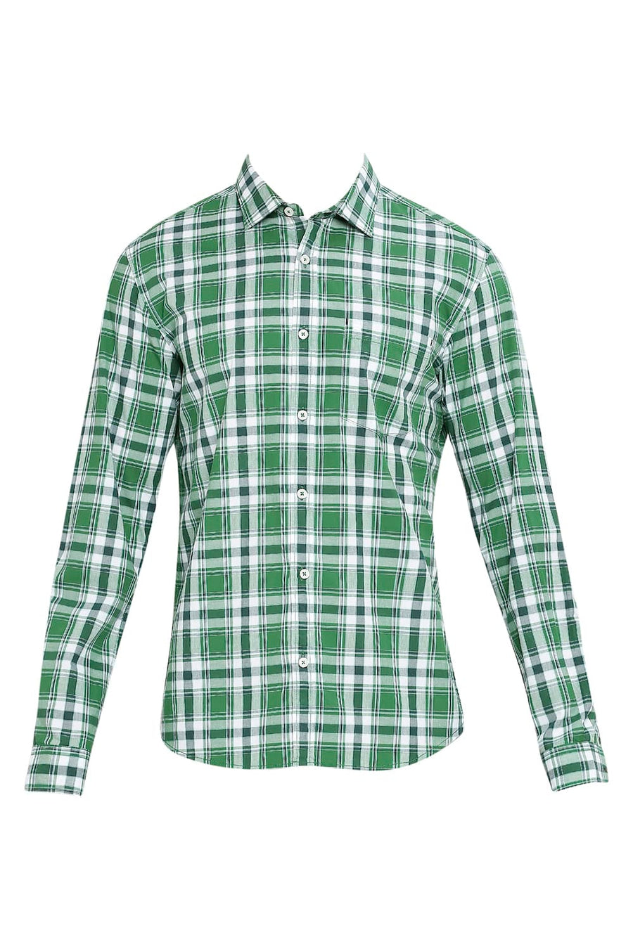 BASICS SLIM FIT GOLF GREEN COTTON CHECKS SHIRT